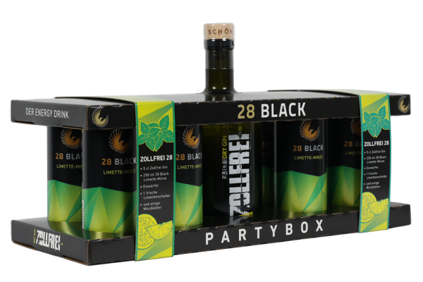 Zollfrei Partybox Dry Gin 0,5L 40% + 8x 28 Black Limette Minze 0,25L